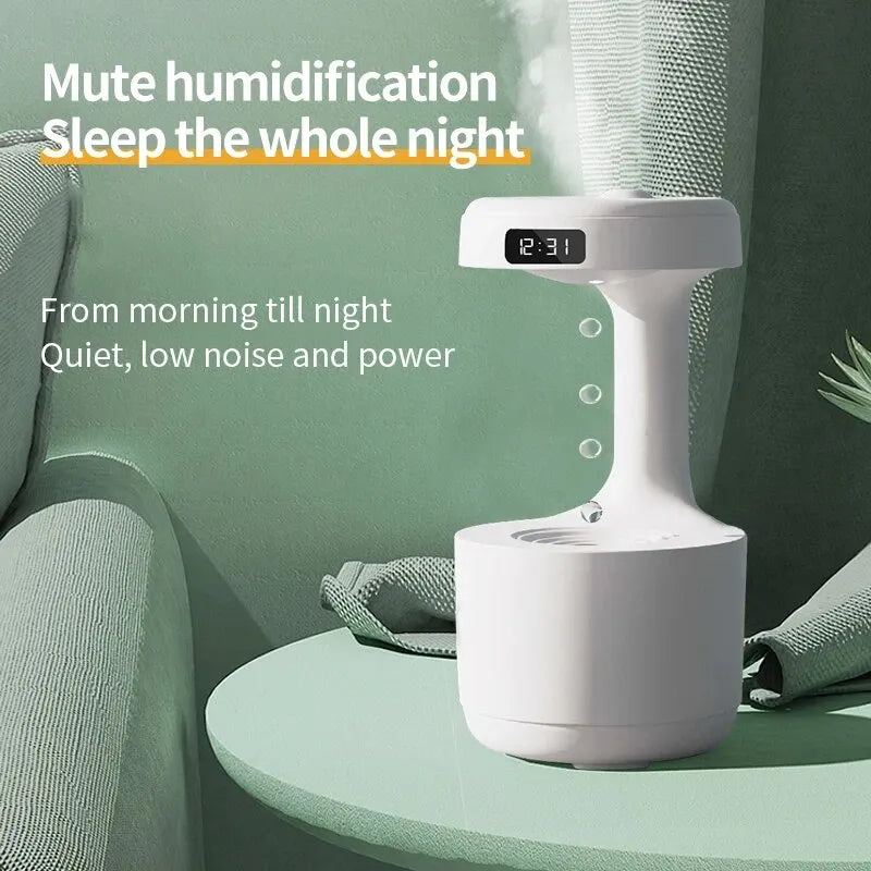  Anti-gravity droplet humidifier releasing fine mist, offering a unique aesthetic appeal with mesmerizing water droplet display. Ideal for promoting relaxation and wellness
